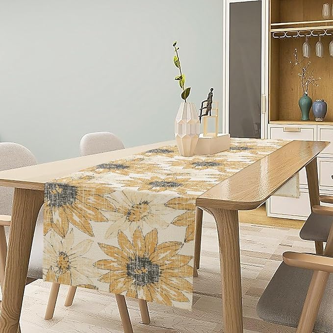Chrysanthemum Vintage Floral Table Runner, Elegant Grunge Orange Sunflower Spring Summer Elegant Pattern Artichokes Flower Table Runner for Party Kitchen Dining Living Room Decor, 13x120 Inch