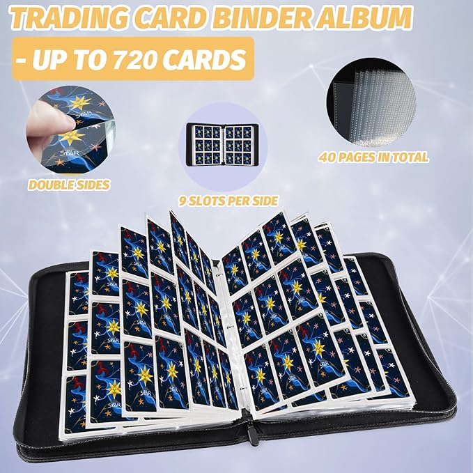 Card Binder for MTG Cards, Premium 9 Pocket Card Binder for Trading Cards, 720 Double Sided Pocket Collector Card Album for Standard Cards,Card Collection Folder for YGO/PTCG/Game Cards (Black Purple)
