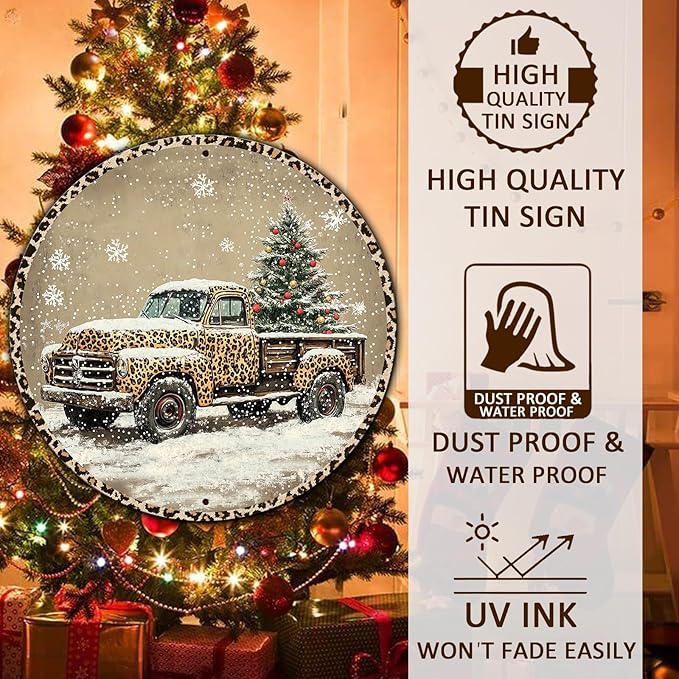 Round Leopard Truck Metal Tin Sign Rustic Wall Decor Christmas Wreath Sign Christmas Wreath Door Hanging Wall Decoration Bar Home Round 8 * 8 in