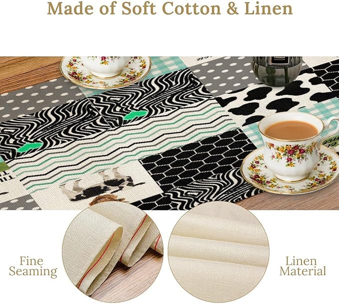 Cute Cow Print Table Runner,Farm Animals Honeycomb Plaid Stripes Cowhide Pattern Tablecloth Burlap for Hotel Indoors Outdoor Dining Room Kitchen Table Decor, 13x70in