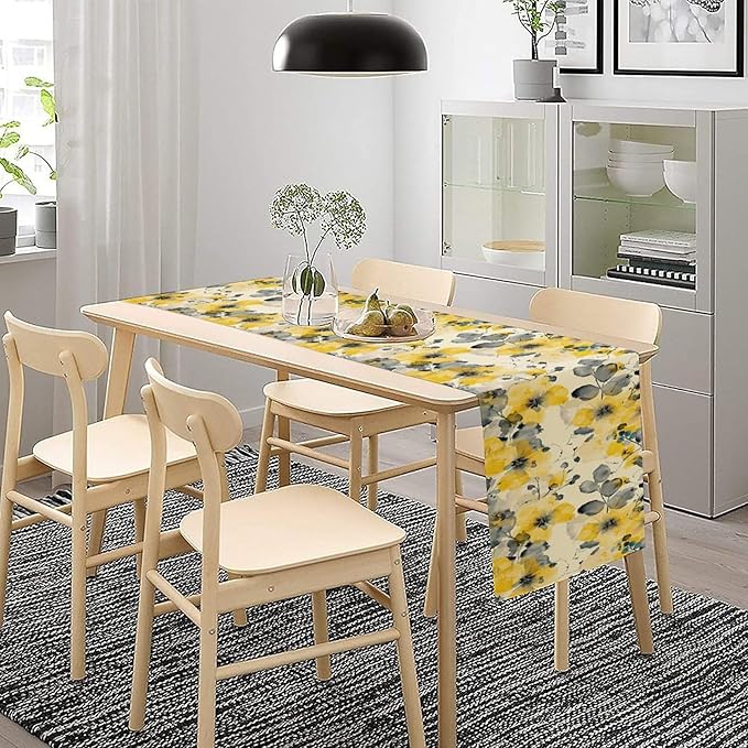 Floral Table Runner,Yellow Flowers Spring Print Table Cloth Kitchen Dining Table Home Party Decoration 13x72 Inch
