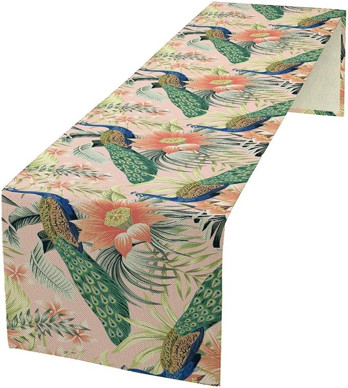 Peacock Table Runner,Pink Flower Peacock Birds Table Runner for Home Kitchen Dining Party Indoor Outdoor Decoration 13x60 Inch