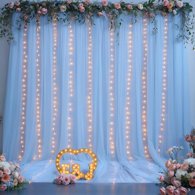 10x8ft Baby Blue Tulle Backdrop Curtains with Lights for Party Wedding Baby Shower, Sheer Drape Backdrop Curtains for Birthday Party Photo Booth Background Decoration