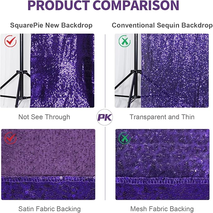 SquarePie Sequin Backdrop Less Transparent Background Sparkly Curtain for Wedding Halloween Party 6FT x 6FT Purple