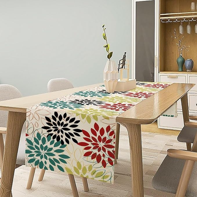 Abstract Red Dahlia Vintage Table Runner, Geometric Lines Mid Century Vintage Modern Colorful Table Runner for Party Kitchen Dining Living Room Laundry Room Decor, 13x90 Inch