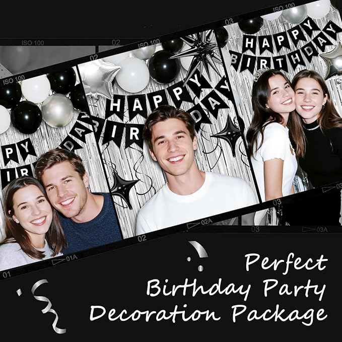 16th Birthday Decorations for Boys Girls, Black Silver Happy Birthday Party Decorations， 16 Year Old Party Supplies with Number 16 Balloons, Banner, Fringe Curtains Kit