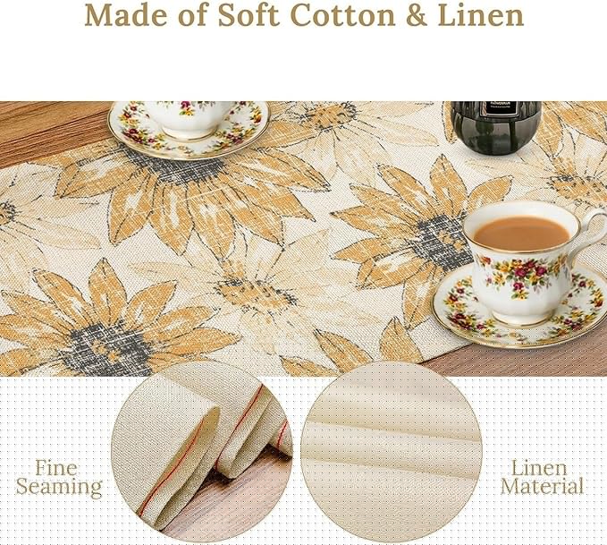 Chrysanthemum Vintage Floral Table Runner, Elegant Grunge Orange Sunflower Spring Summer Elegant Pattern Artichokes Flower Table Runner for Party Kitchen Dining Living Room Decor, 13x60 Inch