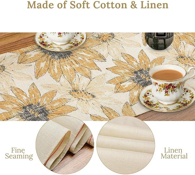 Chrysanthemum Vintage Floral Table Runner, Elegant Grunge Orange Sunflower Spring Summer Elegant Pattern Artichokes Flower Table Runner for Party Kitchen Dining Living Room Decor, 13x90 Inch