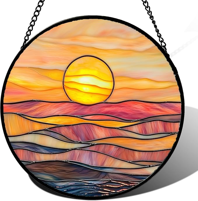 Stained Glass Window Hanging, Orange Sunrise Suncatcher Diamond Glass Panel Hangings Scenery Sun Catchers Decor for Birthday for Women, Men, Wife, Aunt, and Mom 9.8 in