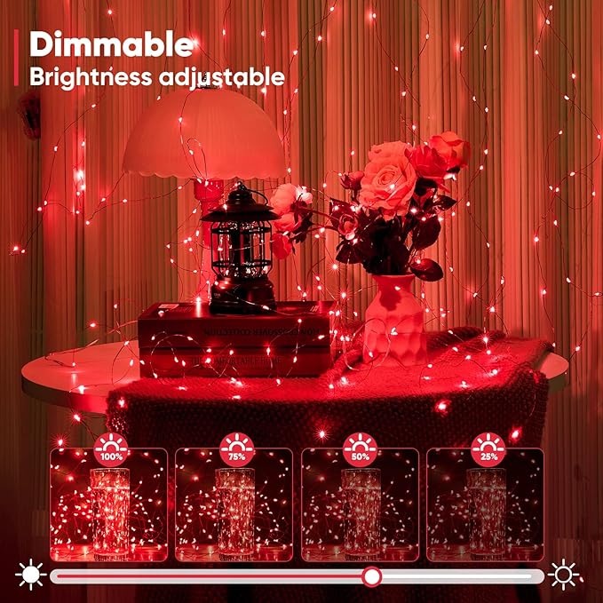 1 Pack 32.8 Ft. Battery Operated Outdoor String Lights with Remote & Timer, LED Red Fairy Lights, Waterproof Twinkle Lights for Bedroom, Dorm, Mason Jar, Wedding, Party, Christmas