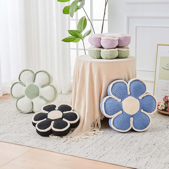 Flower Pillow, Soft Flower Decorative Throw Pillow, Cute Daisy Flower Shaped Seating Floor Cushion Room Décor Plush Pillows for Sofa Couch Bed (13.7 Inch, Black)