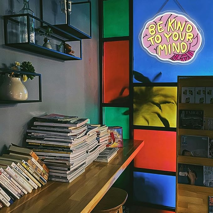 Lucunstar Be Kind To Your Mind Neon Sign Brain Neon Signs Dimmable Led For Wall Decor Be kind Lights For Classroom Home Bedroom Office USB Powered 16.06x12.09in