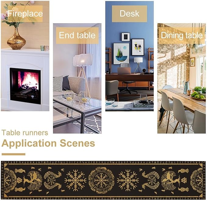 Viking Tree of Life Abstract Table Runner for Living Room Home Party Coffee Dining Party Wedding Golden Black Celtic Style Geometric Dragon Boat Rudder Ancient Script Table Runner 13x36 Inch