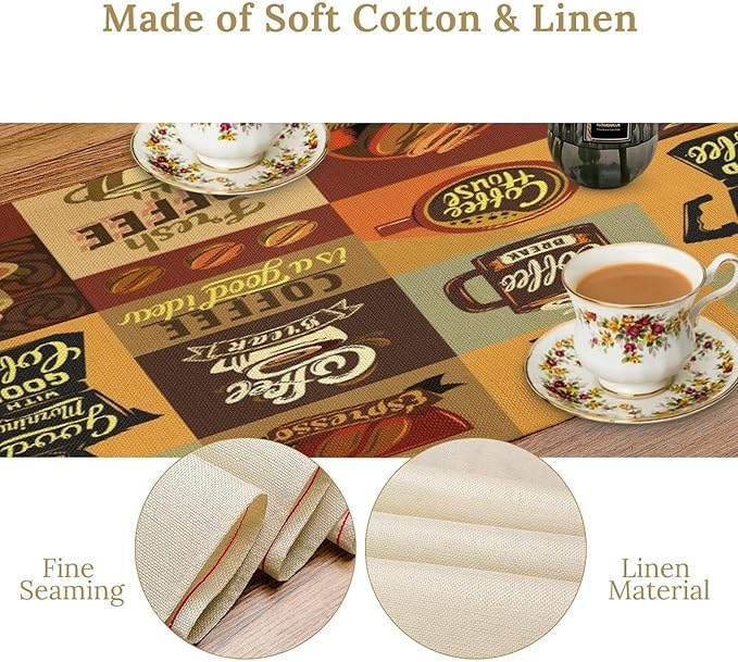 Coffee Table Runner,Vintage Style Coffee Beans Cups Theme Design Pattern Print Tablecloth Burlap for Hotel Indoors Outdoor Dining Room Kitchen Holiday Party, 13x108in