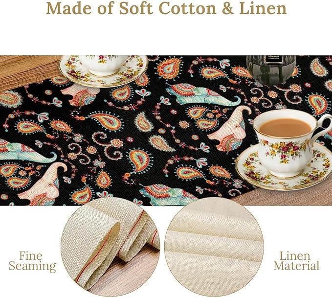 Boho Table Runner, Indian Bohemian Elephant Mandala Paisley Floral Hippie Art Print Table Center Decor for Home Kitchen Dining Patio Holiday Party Indoor Outdoor Table Decorations, 13"x36" Inch