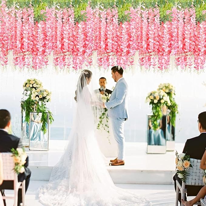 12 Pack Dark Pink Wisteria Hanging Flowers, 3.44 Ft Fake Hanging Flowers, Artificial Wisteria Garland Vines for Wedding Room Backdrop Outdoor Patio Garden Decoration
