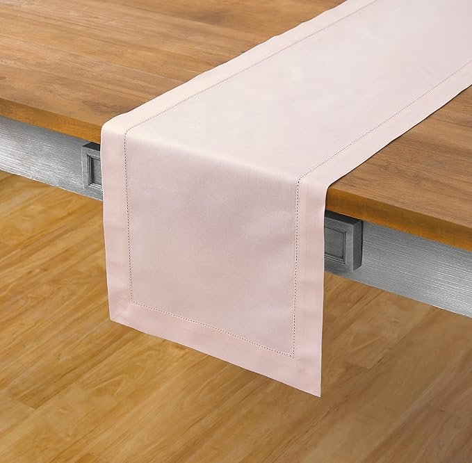 Solino Home Cotton Linen Pink Table Runner 120 Inches Long - Hemstitch 14 x 120 Inch Table Runner for Fall, Autumn, Thanksgiving, Christmas