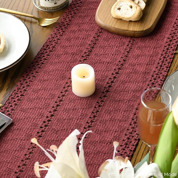 Artoid Mode Red Farmhouse Woven Rustic Hollow Table Runner, Seasonal Holiday Hollow Kitchen Dining Table Decoration for Home Party Decor 12x72 Inch