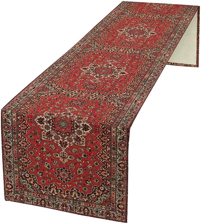 Vintage Boho Floral Table Runner, Rustic Country Farmhouse Red Black Retro Flower Pattern for Home Kitchen Table Decor Dining Coffee Room Party Decor 13x36in