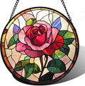Stained Glass Window Hanging - Pink Rose Suncatcher for Door Garden Home Decor Birth Flower Sun Catcher Christmas Birthday for Friend Lovers Women Mom Nana 6.3 in