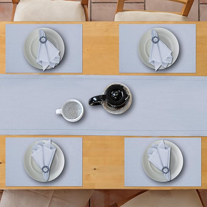 Ruvanti Linen Table Runner 60 Inches, Classic Hemstitch, Washable, Reusable, Non-Slipping, Stain Resistant- Perfect for Parties, Weddings, Dinners, Thanksgiving, Christmas, Indoor use – Arctic Ice
