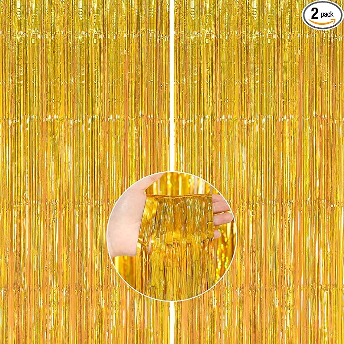 PartyWoo XtraLarge Foil Curtain Gold, 2 pcs 3.3x6.6 ft Tinsel Curtains for Birthday Wedding Party Photo Backdrop