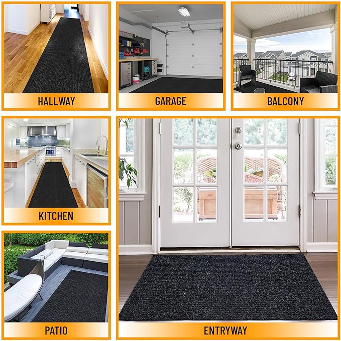 Ottomanson 3'11" x 10' Hallway Runner with Scraper Pile - Extra Durable Non-Slip Rug Mat for Indoor & Outdoor Use - Ideal for Kitchen, Entryway & Garage - High-Traffic Carpet, Black