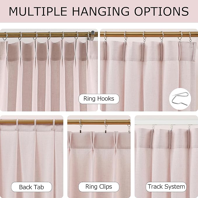Vision Home Soft Pink Pinch Pleated Semi Sheer Curtains Textured Linen Blended Light Filtering Window Curtains 108 inch for Living Room Bedroom Pinch Pleat Drapes with Hooks 2 Panels 9ft 40" Wx108 L
