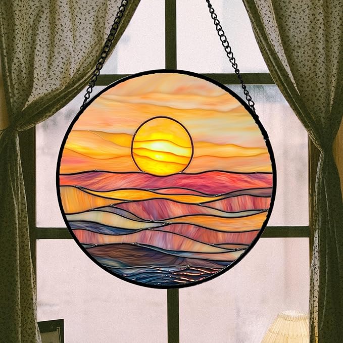 Stained Glass Window Hanging, Orange Sunrise Suncatcher Diamond Glass Panel Hangings Scenery Sun Catchers Decor for Birthday for Women, Men, Wife, Aunt, and Mom 11.8 in