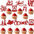 Ephlyn 30Pcs He Asked She Said Yes Cupcake Toppers Glitter Engagement Cupcake Toppers Diamond Ring Heart Love I Do Cupcake Picks for Engagement Wedding Party Cake Decorations Red