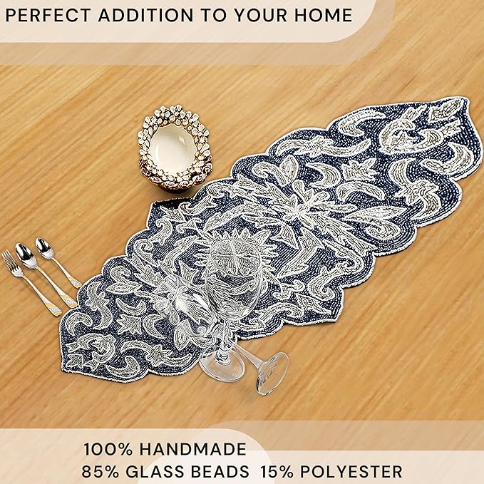 Decorative Beaded Table Runner - 36" Glass Beads & Polyester Table Runner Ideal for Dining, Décor, Luxury Table Centerpiece for Weddings, Holidays & Modern Home Accents (Blue Silver) - CLEENTABLE