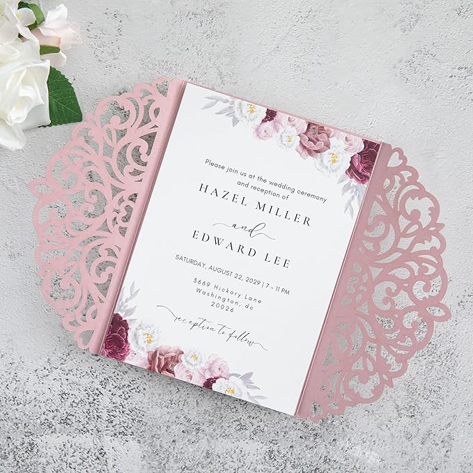 20Pcs Dusty Rose Laser Cut Invitation Cards With Blank Inner Sheets for Wedding Cards Bridal Shower Engagement Quinceanera Invitation (No Envelopes)