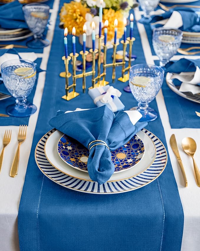 Solino Home Linen Indigo Blue Table Runner 90 Inches Long - 100% Pure Linen 14 x 90 Inch Table Runner for Fall, Autumn, Christmas - Classic Hemstitch