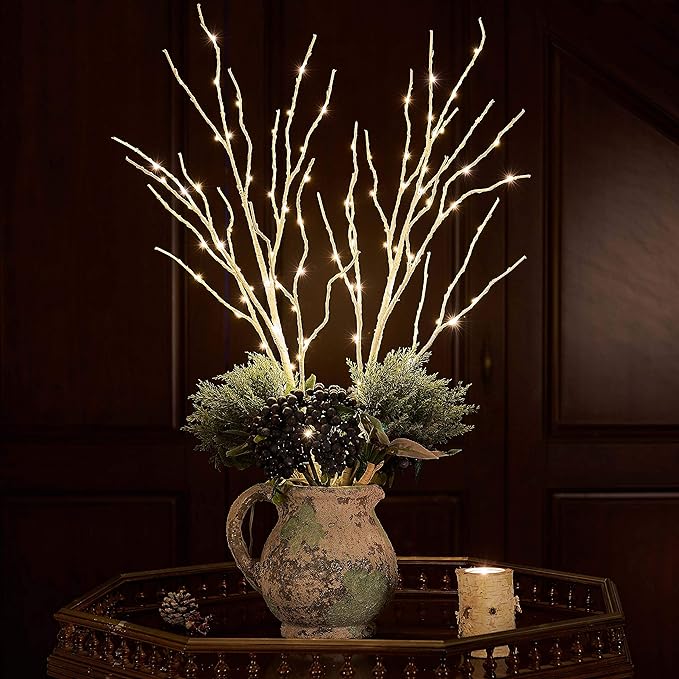Hairui Lighted Artificial Twig Birch Branch with Fairy Lights 30IN 100 LED Battery Operated, White Willow Branch with Lights for Christmas Holiday Wedding Party Decoration