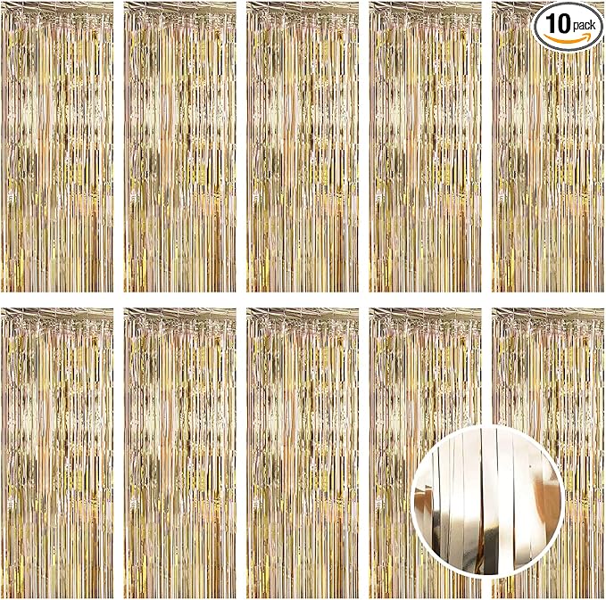 10 Pack Champagne Gold Foil Curtain Backdrop 3.2ft x 9.8ft Metallic Tinsel Foil Fringe Curtains Streamer Photo Booth Backdrop for Birthday Party Engagement Bachelorette Party Decorations