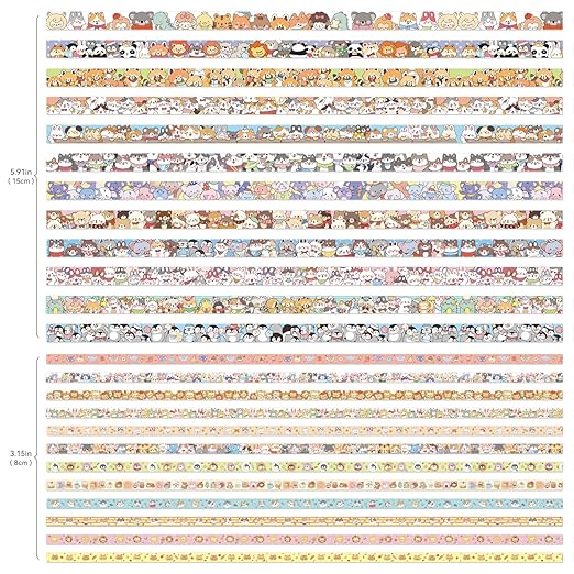 24 Rolls Colorful Cute Cartoon Animal Writable Washi Tape Set, Decorative Tapes for Scrapbooking and Journaling, Junk Journal Supplies, Bullet Journaling for Women Girl 8-15mm Wide 9.84ft Long/Roll