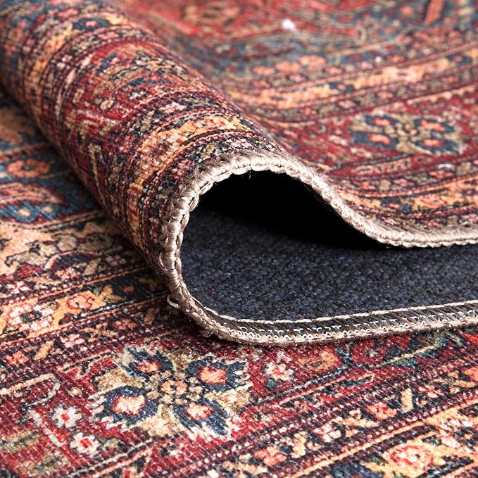 Bloom Rugs Washable Non-Slip 3' x 5' Rug - Red/Teal Blue/Yellow Traditional Medallion Area Rug for Living Room, Bedroom, Dining Room, and Kitchen - Exact Size: 3' x 5'