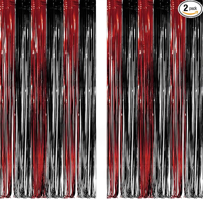 Black Red Party Streamers Backdrop - GREATRIL Foil Fringe Tinsel for Stranger/Friday Party/Halloween Party Decorations - 3.2ft X 8.2ft - 2 Packs