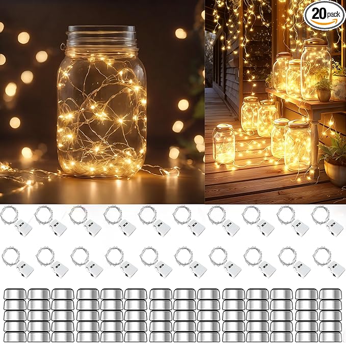 20 Pack Fairy Lights Battery Operated 60 Extra Batteries, 3 Modes 6.5ft 20 LED Mini String Lights, Waterproof Silver Wire Firefly Starry Lights for DIY Wedding Christmas Party, Warm White