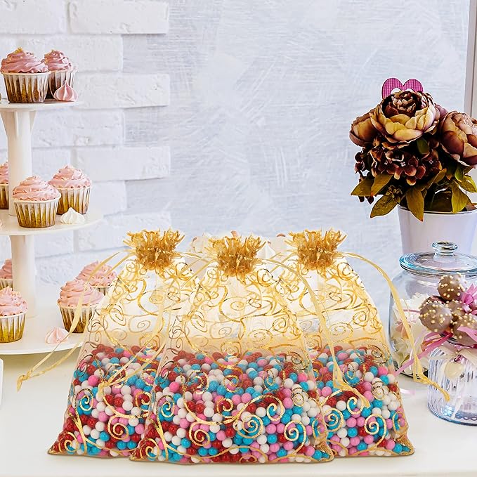 Staruby Organza Gift Bags 50 Pcs Gold Sheer Organza Bag 6x8 Inch Mesh Favor Bags Drawstring Jewelry Rattan Printed Gift Pouches for Wedding Party Favors Couple Shower Christmas Gifts Candy Bags