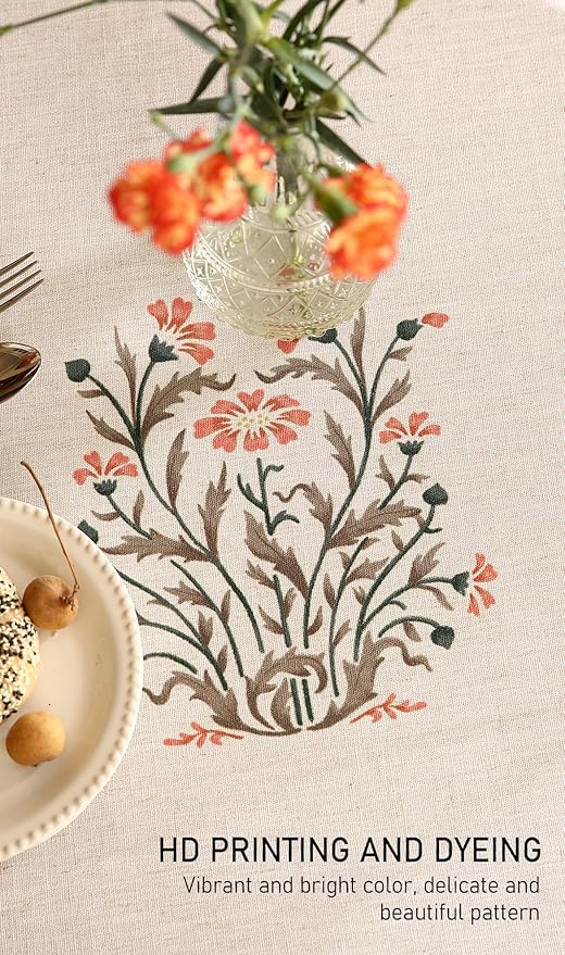 ISAENNE Floral Tablecloth for Round Tables,Linen Table Cloth with Double-Edged Lily Pattern,Heavy Durable Table Cover for Dining Thanksgiving Kitchen Decor Party Christmas,Diameter 67"