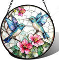 Stained Glass Window Hanging - Blue White Hummingbirds Pink Flowers Suncatcher for Door Terrace Garden Home Decor Bird Sun Catcher Birthday Gifts for Lovers Women Men Dad Mom Nana 6.3 in
