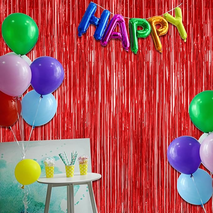 12 Pack Red Curtains, 3.28 FT x 7.05 FT Party Streamer, Metallic Party Backdrop Birthday Streamer Foil Curtains, Fringe Tinsel for Red Party Decor Casino Theme Decorations Party Supplies