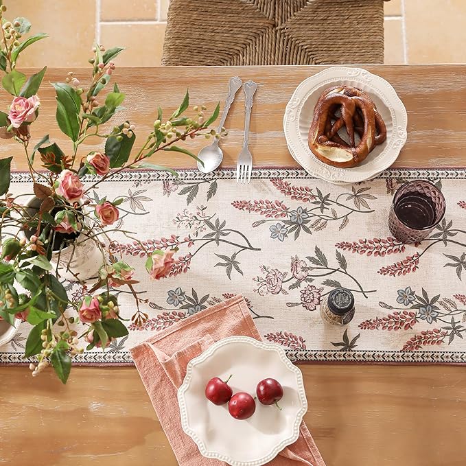ISAENNE Designer Light Beige Linen Table Runner 71 Inches Long,Vintage Floral Wrinkle Resistant Decor Table Runners for Dining Tables,Christmas,Thanksgiving,Kitchen Tables,12"*71"-Helena A
