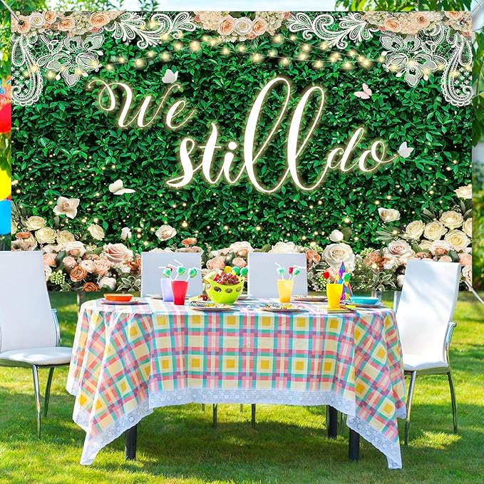 We Still Do Backdrop Green Leaves Lace Wedding Anniversary Photography Background Engagement Vow Renewal Bachelorette Party Decoration Banner Photo Booth Studio Props 7x5ft FU032YL