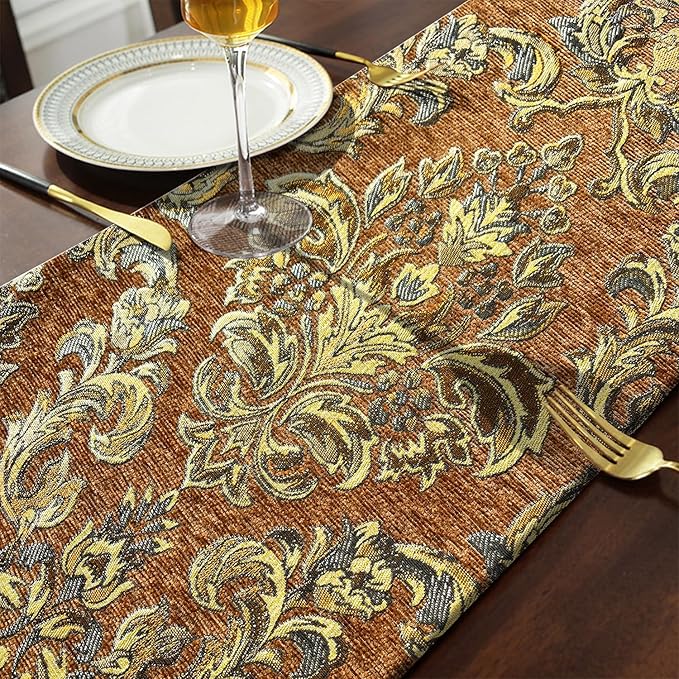 Gradient Sparkling Table Runner 120 inches Long Luxury Vintage Embroidered Caramel