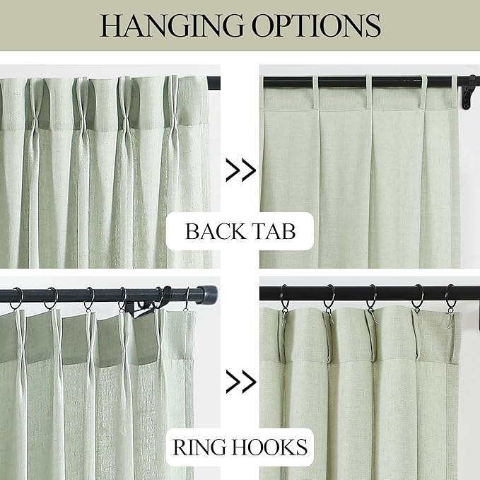 Vision Home Pinch Pleated Semi Sheer Curtains Textured Linen Blended Light Filtering Window Curtains 90 inch for Living Room Bedroom Pinch Pleat Drapes with Hooks 2 Panels 40" Wx90 L,Soft Green