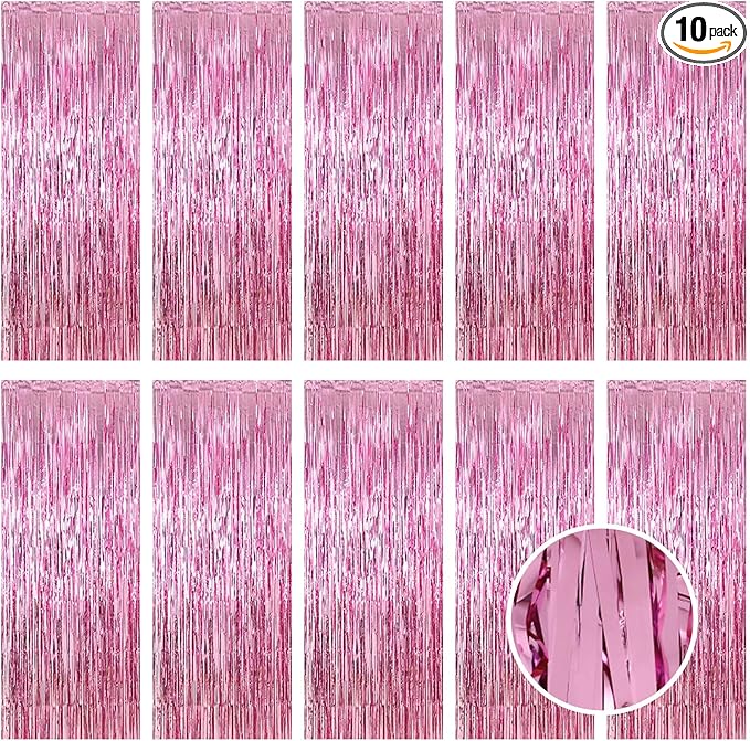 10 Pack Pink Foil Curtain Backdrop 3.2ft x 9.8ft Metallic Tinsel Foil Fringe Curtains Streamer Photo Booth Backdrop for Birthday Party Engagement Bachelorette Party Decorations (Pink)