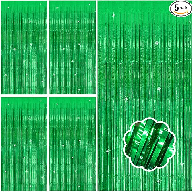 5 Pack Green Streamers Backdrop Metallic Foil Fringe Tinsel Curtains for Birthday Dinosaur Animal St Patrick's Day Football Christmas Jungle Theme Party Decorations