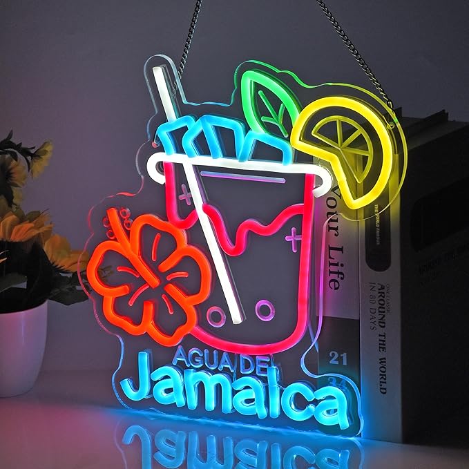CNBEYOUNG Agua De Jamaica Neon Sign, Neon Lights Hanging Wall Art Decoration for Mexican Restaurants Shop Bar Kitchen Party Home Decor, USB - Driven, Super Bright & Adjustable,12.6 * 12.7inches